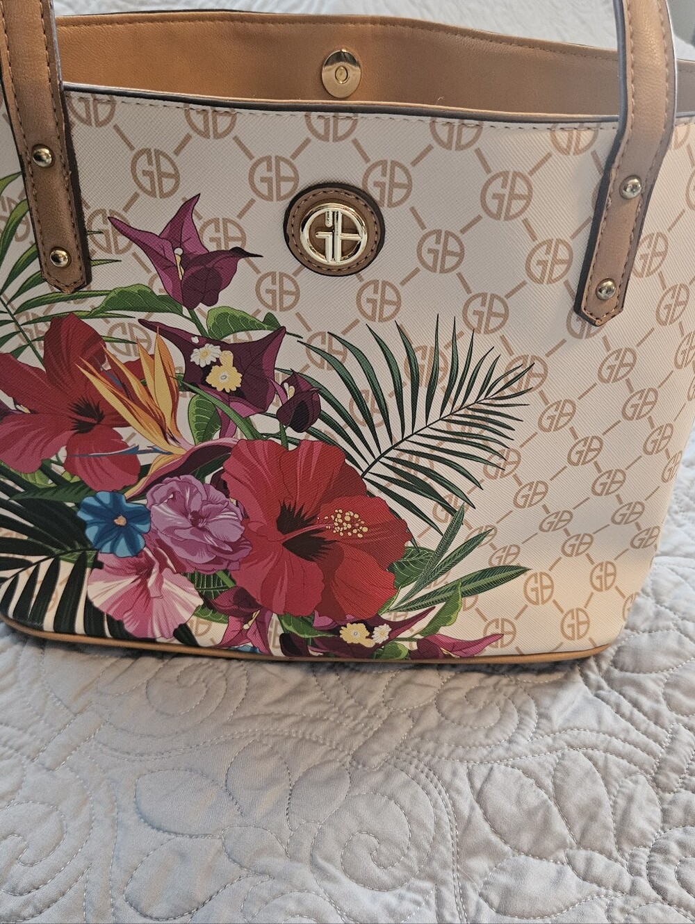 Floral Print Tote Bag in Cream by
